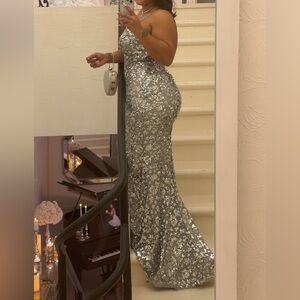 Elegant Silver Sequin Evening Gown